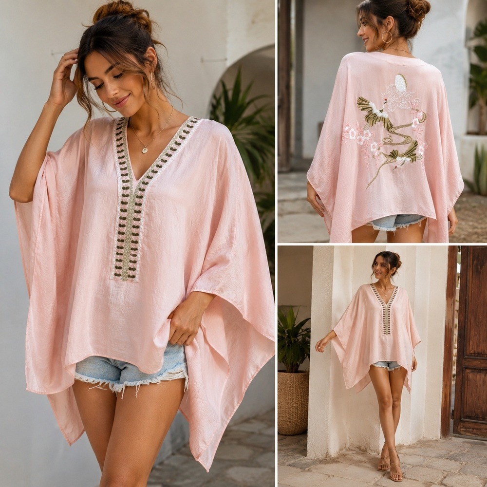 NWT Anthropologie Blush Pink Embroidered Crane Kimono Poncho One Size MSRP $98